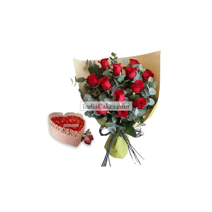 1 Kg Heart Shape Strawberry Cake with 10 Red Rose Bunch