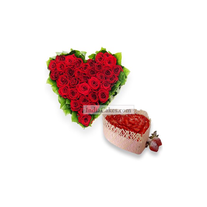 Heart Shape arrangement of 50 Roses and 1 kg Cake