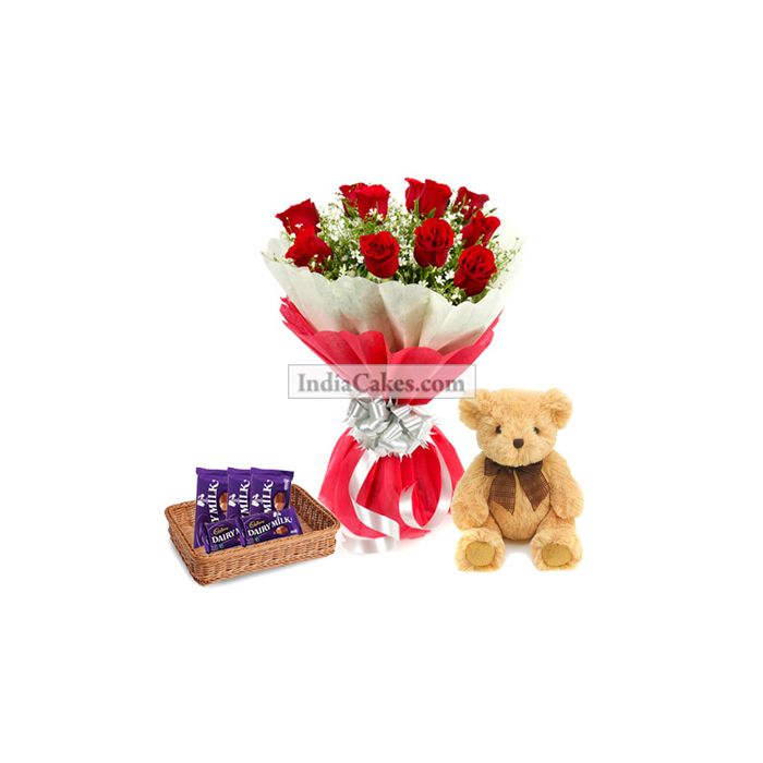 12 Red Roses Bunch And 5 Cadbury Dairy Milk Chocolate  With 6 Inch Teddy 
