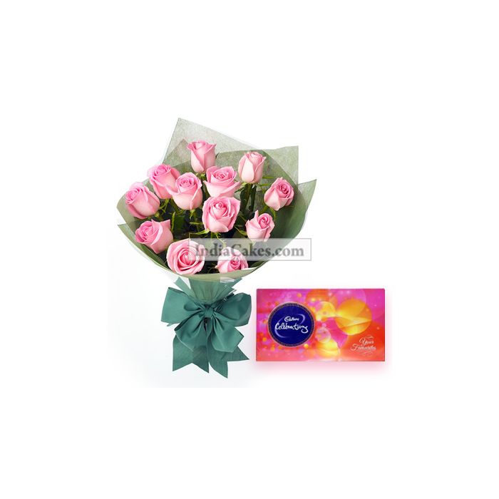 Bunch Of 12 Pink Roses And Cadbury Celebrations Chocolate Box