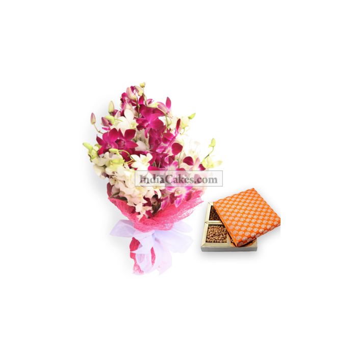 6 Orchids Bunch And Half Kg Dry Fruits Pack