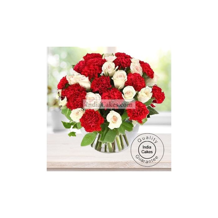 ARRANGEMENT OF 20 WHITE ROSES AND 10 RED CARNATION