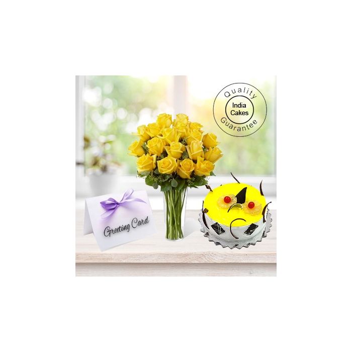 1/2 Kg Pineapple Cake-6 Yellow Roses Bunch, Greeting Card