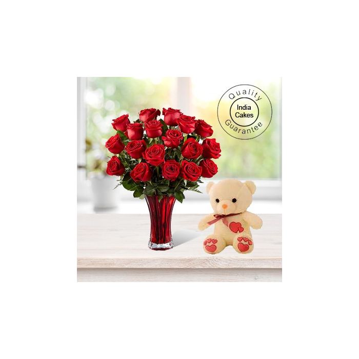 12 RED ROSES BUNCH AND 6 INCHES TEDDY BEAR