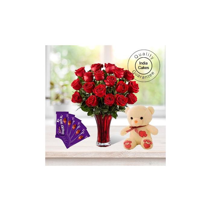 12 Red Roses And Teddy Bear With 5 Assorted Chocolates