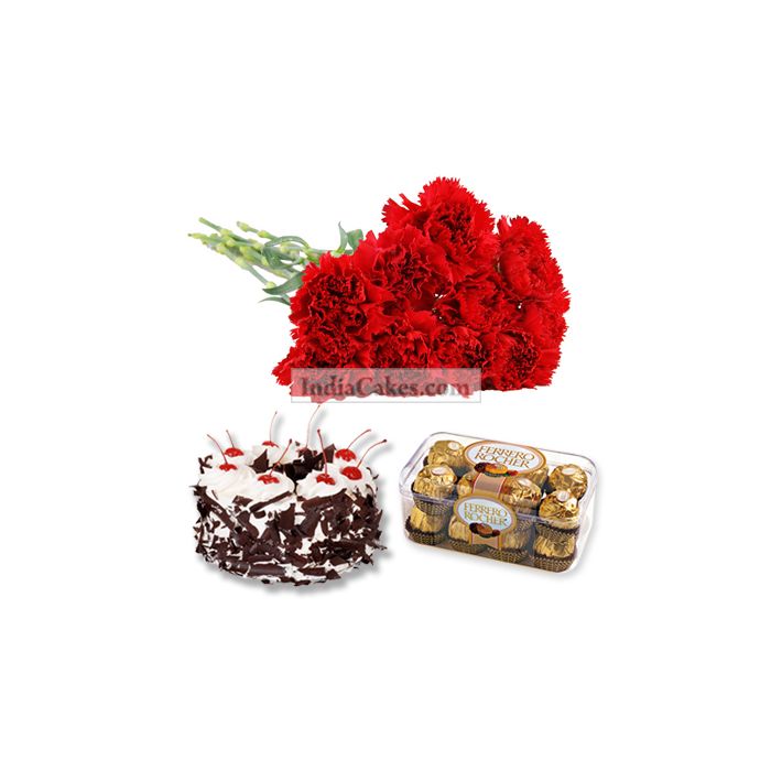15 Red Carnations Bunch , 16 Pcs Ferrero Rocher Chocolates and 1/2 Kg Black Forest Cake