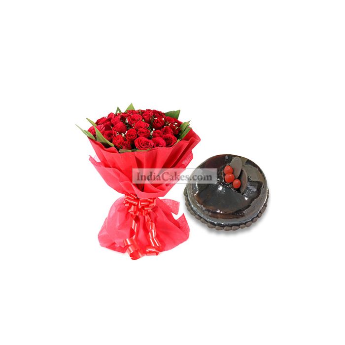 50 Red Roses Bunch with 1 Kg Chocolate Cake