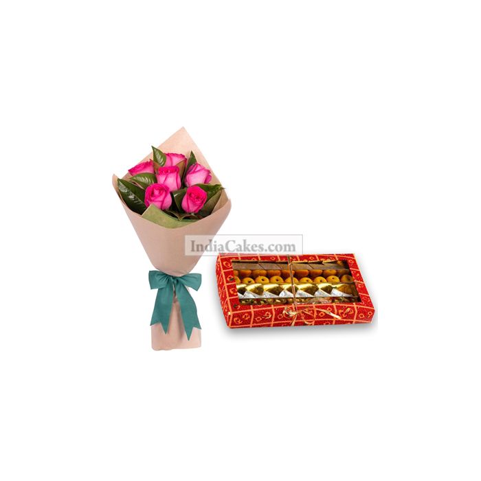 6 Pink Rose and 1 Kg Assorted Sweets