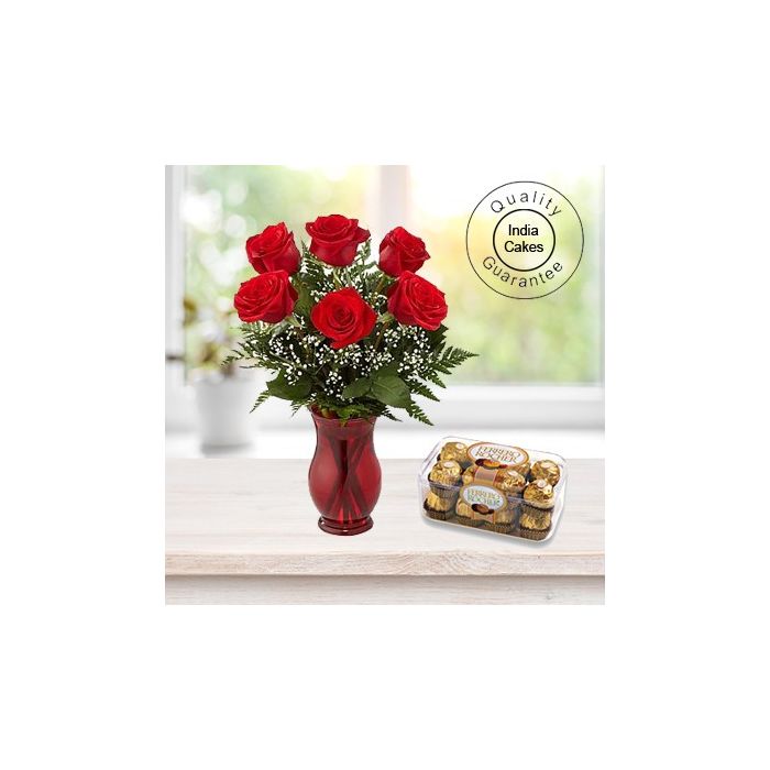 6 Red Roses Bunch and 16 Pcs Ferrero Rocher Chocolates