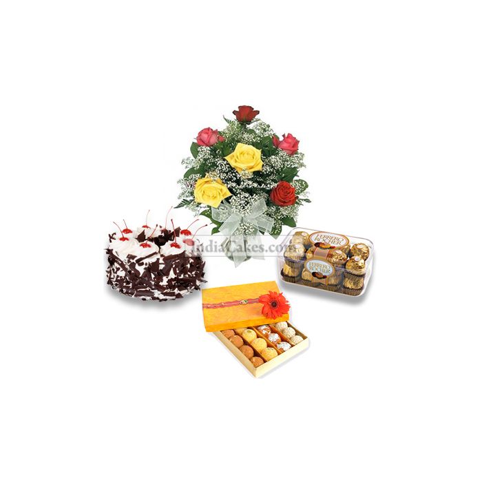 Half Kg Black Forest Cake- 16 Ferero Rocher Chocolates-Half Kg Assorted Sweets-6 Mix Roses