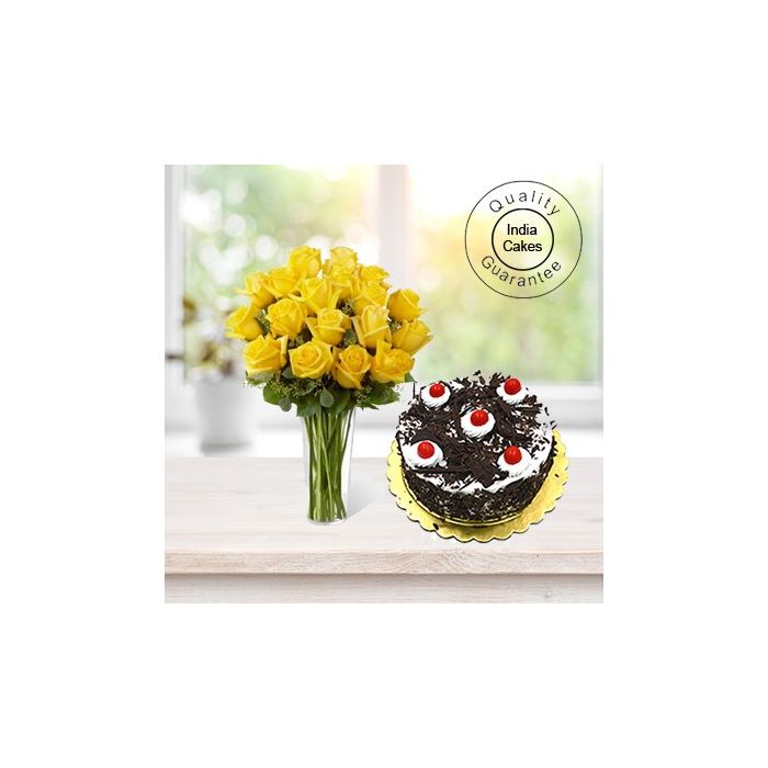BLACK FOREST CAKE 1 KG WITH 6 YELLOW ROSES BUNCH