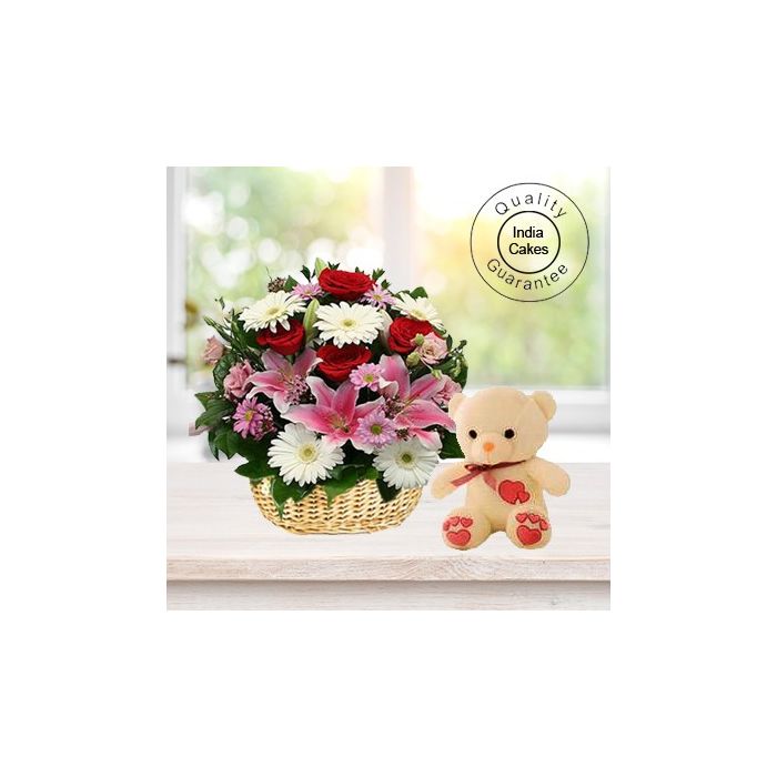 15 MIX ROSES IN BASKET WITH TEDDY BEAR
